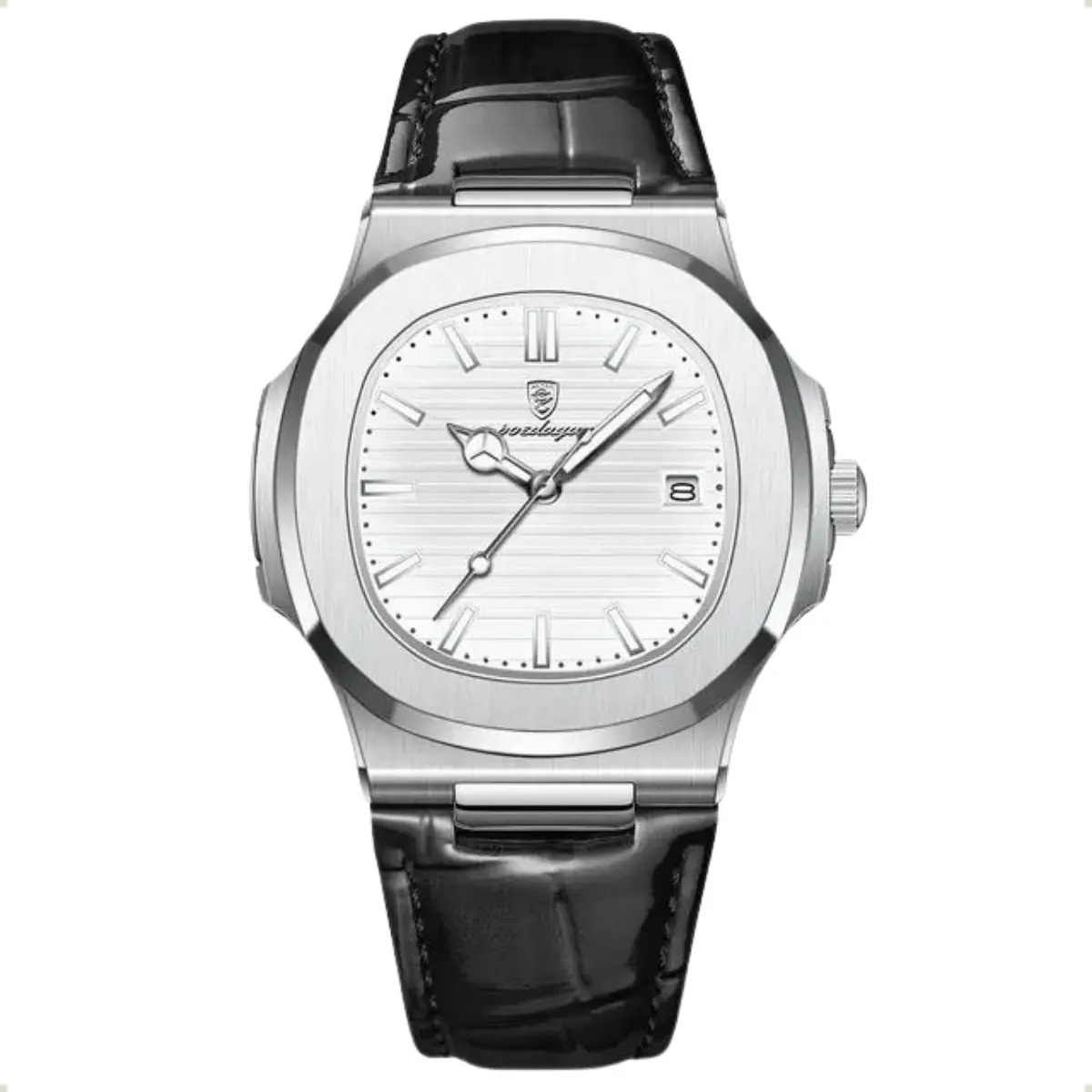 Relógio Classic Vintage Suíço Masculino Em Couro Esportivo Correia Preto Bisel Prateado Fundo Branco