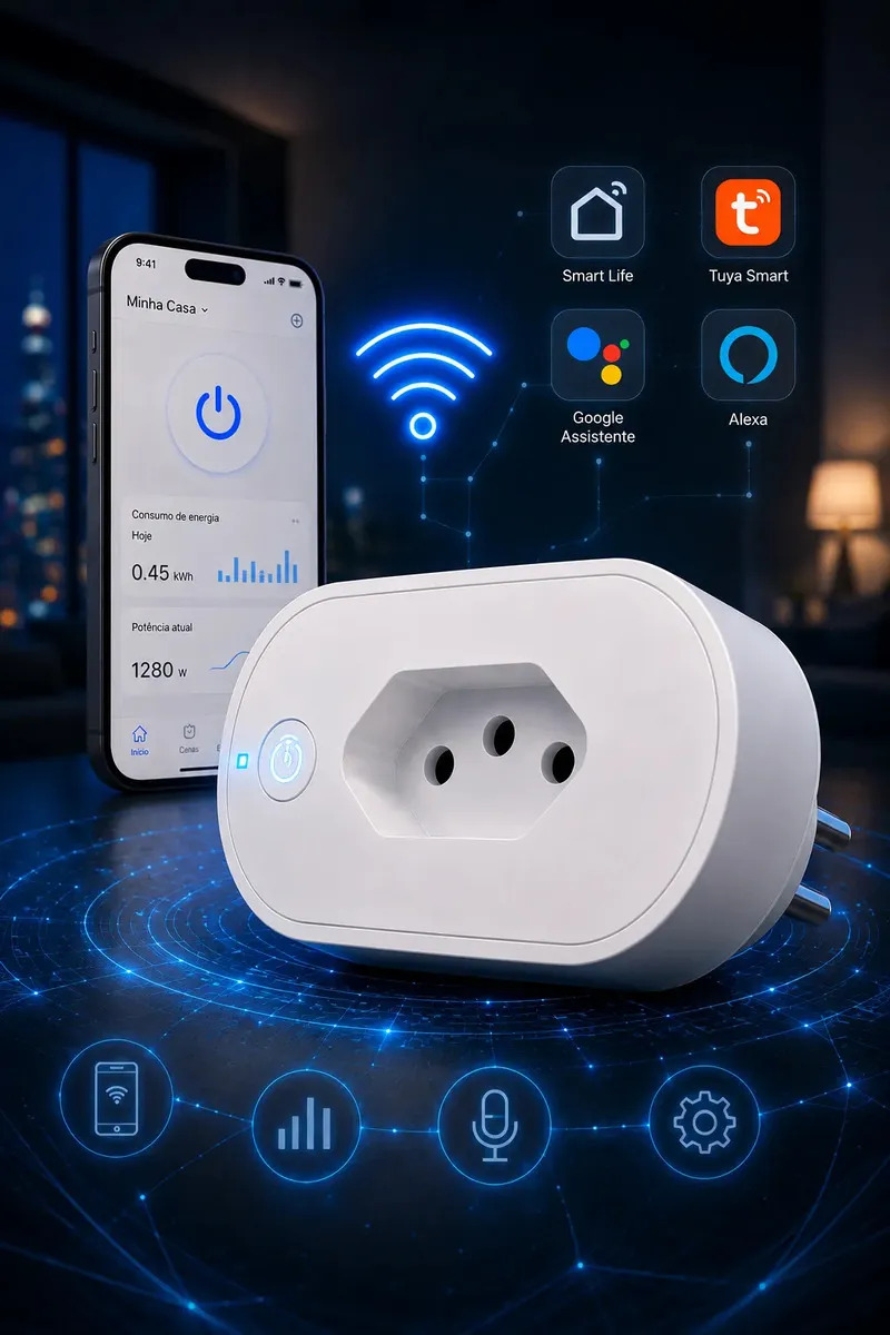 Tomada Inteligente Wi-Fi 16A Bivolt Qonex Automação Smart Plug Interruptor com Monitor de Consumo Compatível Alexa e Google Home