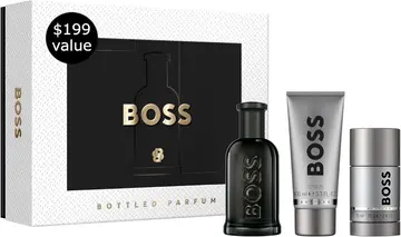 Kit Perfume Masculino Hugo Boss Bottled Parfum, Amadeirado Âmbar, 3 Itens