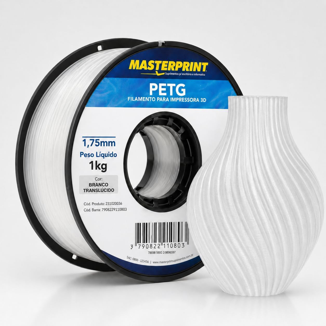 Filamento Impressora, Masterprint, PETG, 3D, Brancp, 1,75 mm, Rolo de 1 kg, Cor: Branco