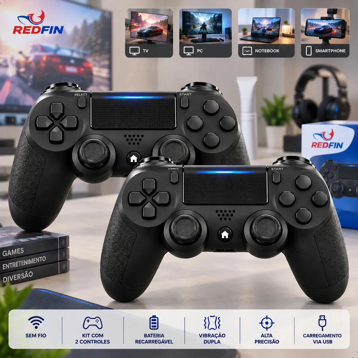 Kit 2 Controle Para Ps4 Sem Fio Pc Bluetooth Vibração Dupla Joystick Compatível Ps4 Videogame Tv Pc Celular Android Manete Smart Tv - Preto Redfin