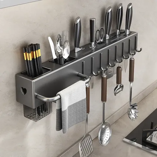Suporte Organizador Para Utensílios De Cozinha Preto C/ 8 Ganchos