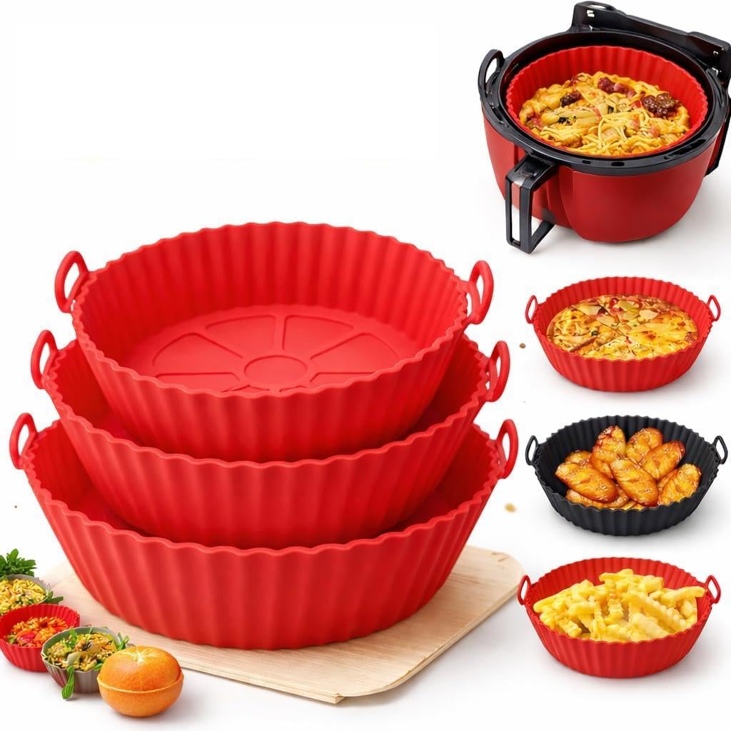 Kit com 6 Formas de Silicone Reutilizáveis para Air Fryer e Forno, Silicone Reciclável Antiaderente, Resistente a Alta Temperatura, Fácil de Lavar e Guardar (Vermelho)