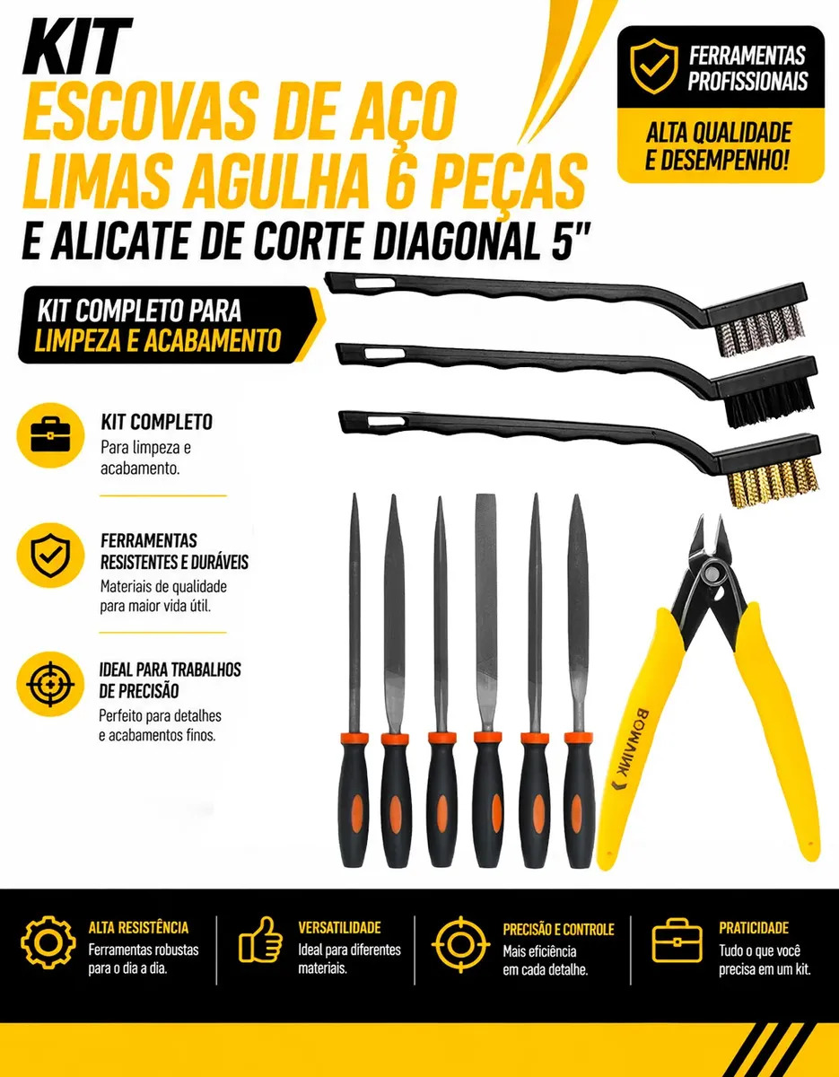 Kit Acabamento Impressão 3D Escovas de Aço Limas Agulha 10 Peças com 3 Escovas 6 Limas e Alicate de Corte 5 Polegadas para Limpeza Acabamento Precisão Modelismo Artesanato e Manutenção