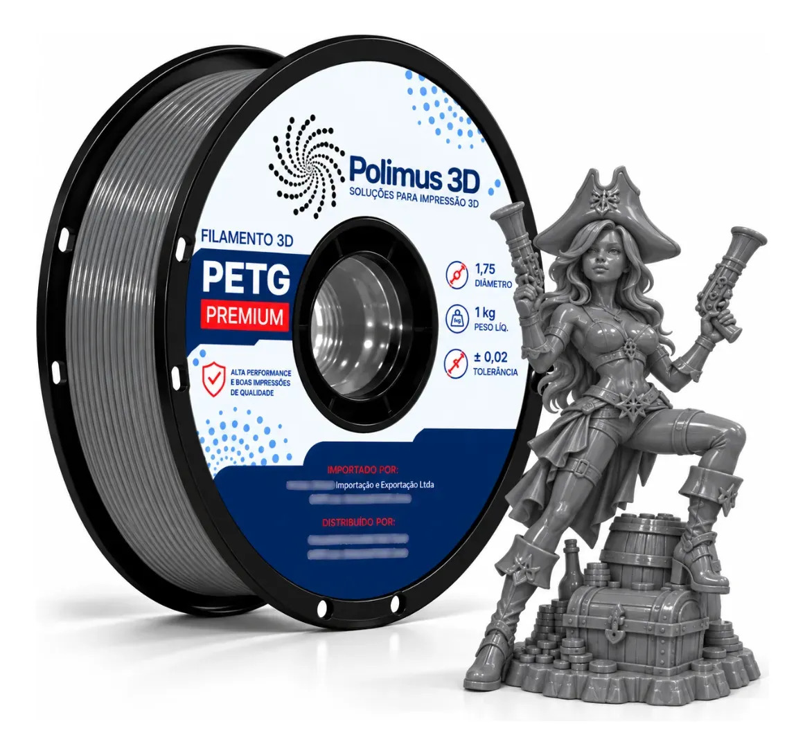 Filamento De Impressora 3D PETG Cor CINZA 1kg Polimus 3D Brilho Premium Para Imprimir Peças 3D Impressão 3D Modelagem Miniaturas Enfeites e Projetos
