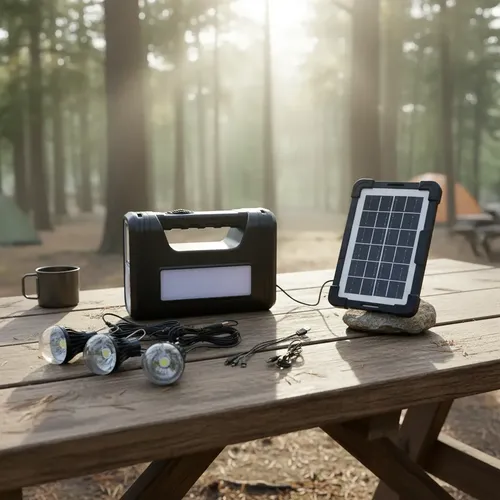 Kit Placa Solar Portátil 3 Lâmpadas E Bateria Recarregável Preto 6v 7.2v