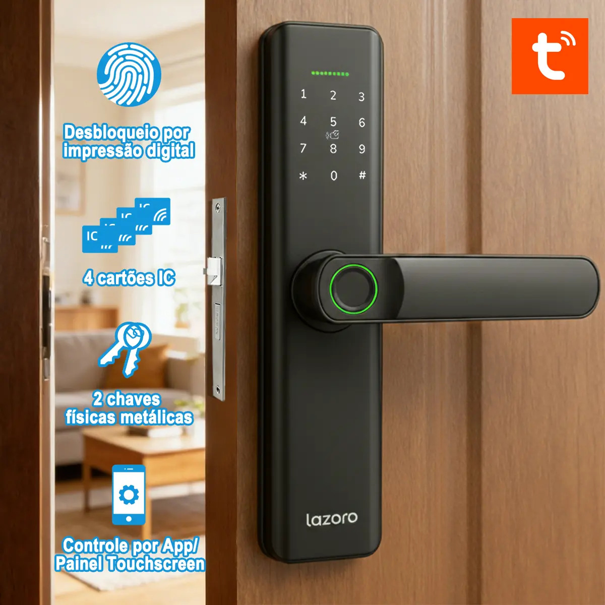 Fechadura Eletronica Digital Com Biometria, Senha, Cartão Ic E Tuya App Bluetooth LAZORO LAM-525B