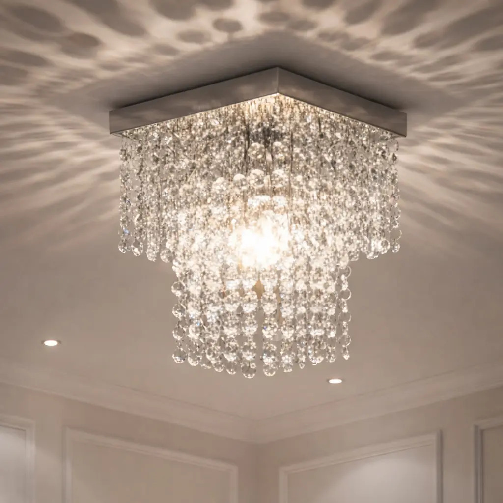 Lustre De Cristal Acrílico 20x20 Cm Bivolt Sala Quarto Luxo Prateado