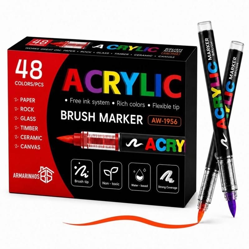 Kit Canetas Acrílicas Coloridas Brush – Tinta Vibrante à Base de Água | Desenho, DIY, 3D Várias superfícies e cores