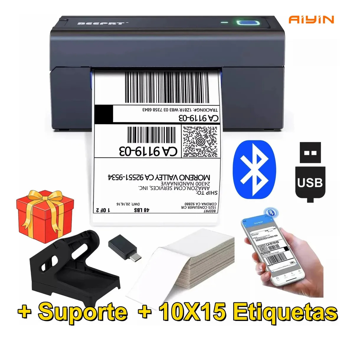 Impressora Térmica Bluetooth USB 110mm Código De Barras E Etiquetas + Suporte + Etiqueta Adesivas 10 X 15 CM Portátil Logística Impressora Etiquetas De Envios ML Full 127/220V Android iOS Windows MAC
