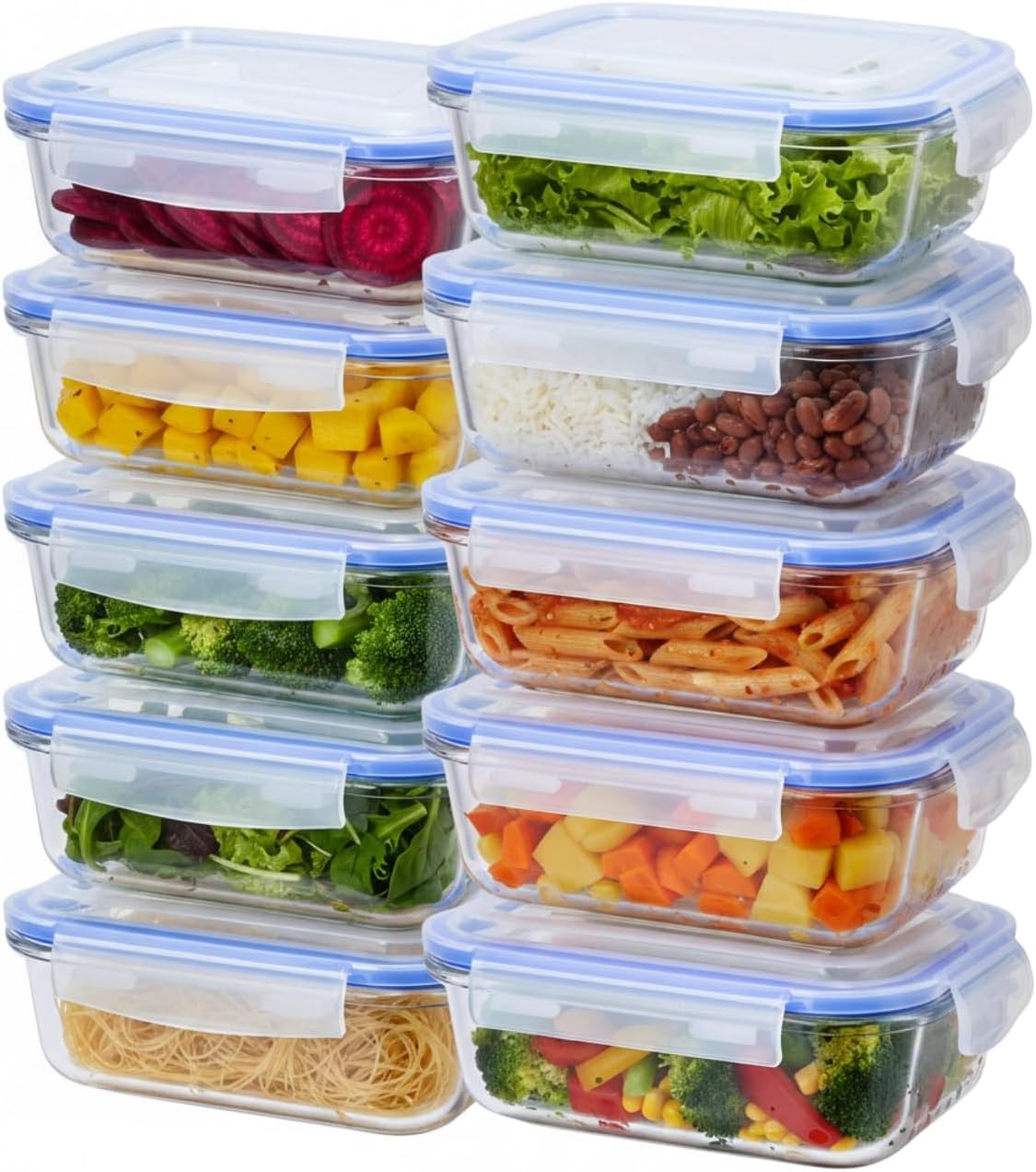 Kit 10 Potes Herméticos de Vidro 640 ml Retangular 4 Travas Marmita Livre de Vazamentos,BPA Free, Empilhável, Organizador, Freezer e Micro-ondas