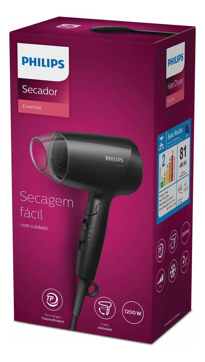 Philips Secador de Cabelo Essential 1200W Compacto com ThermoProtect Secagem prática e suave | Cabo dobrável para viagem | 3 ajustes de secagem | BHC010/81