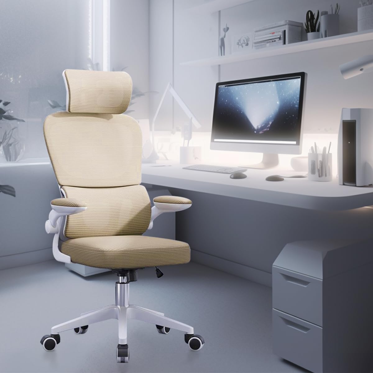 Cadeira de escritório com design ergonômico conforme NR-17, suporte lombar independente, malha respirável e encosto de cabeça ajustável,Python Fly（Amarelo）