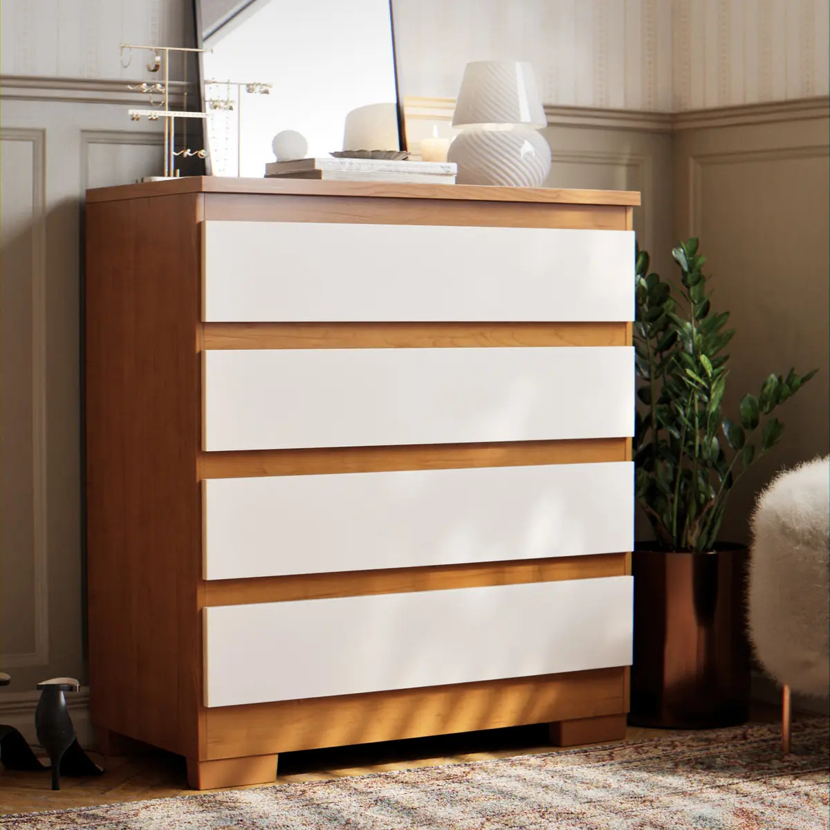 Cômoda 4 Gavetas Multiuso Para Quarto De Casal Organizadora De Roupas Com Pés Corrediças Telescópica Cor Off Nature