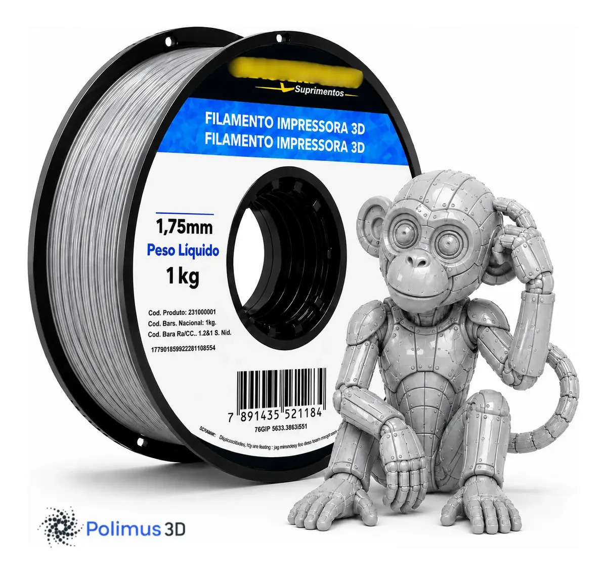 Filamento De Impressão 3D PETG Cor CINZA 1kg Brilho Premium Para Imprimir Peças 3D Impressora 3D Modelagem Miniaturas Enfeites e Projetos By Polimus 3D