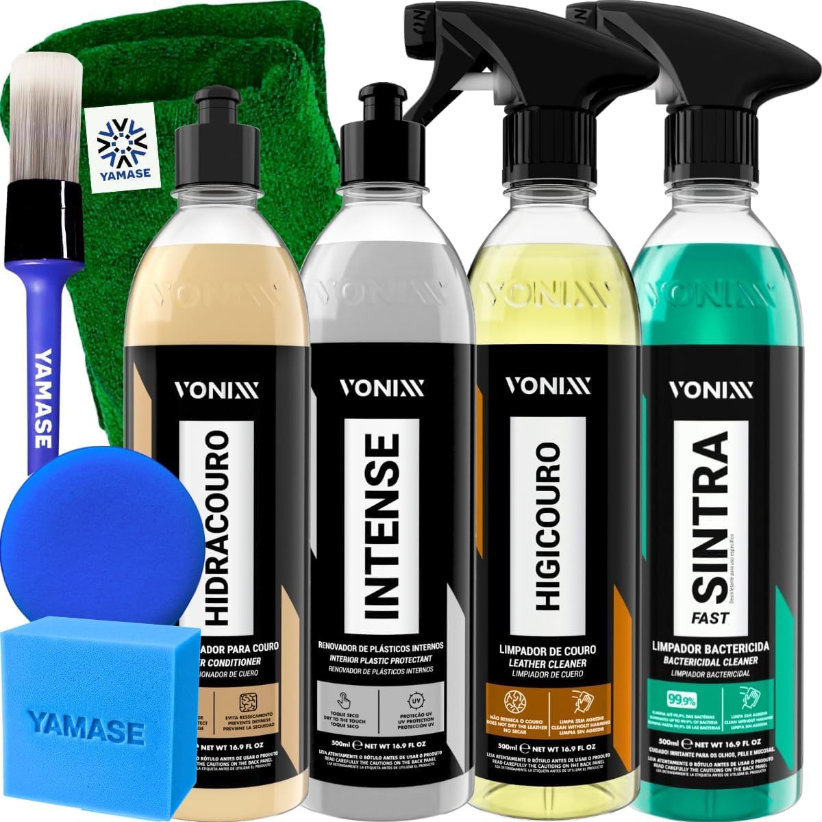 Kit Limpeza Interna Completa Hidratante Restaurador de Couro Hidracouro Limpa Couro Higicouro Limpador Bactericida Sintra Fast Revitalizador Plásticos Internos Intense 500ml Vonixx