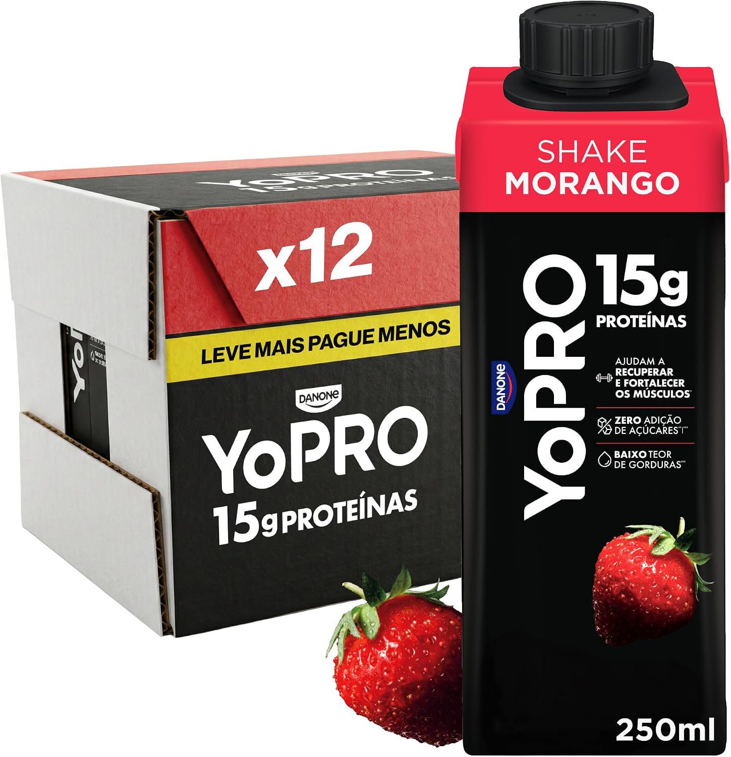YoPRO Bebida Láctea UHT Morango – 15g de Proteínas, Líquido, Caixinha Tetra Pak 250ml (Pack com 12 unidades)
