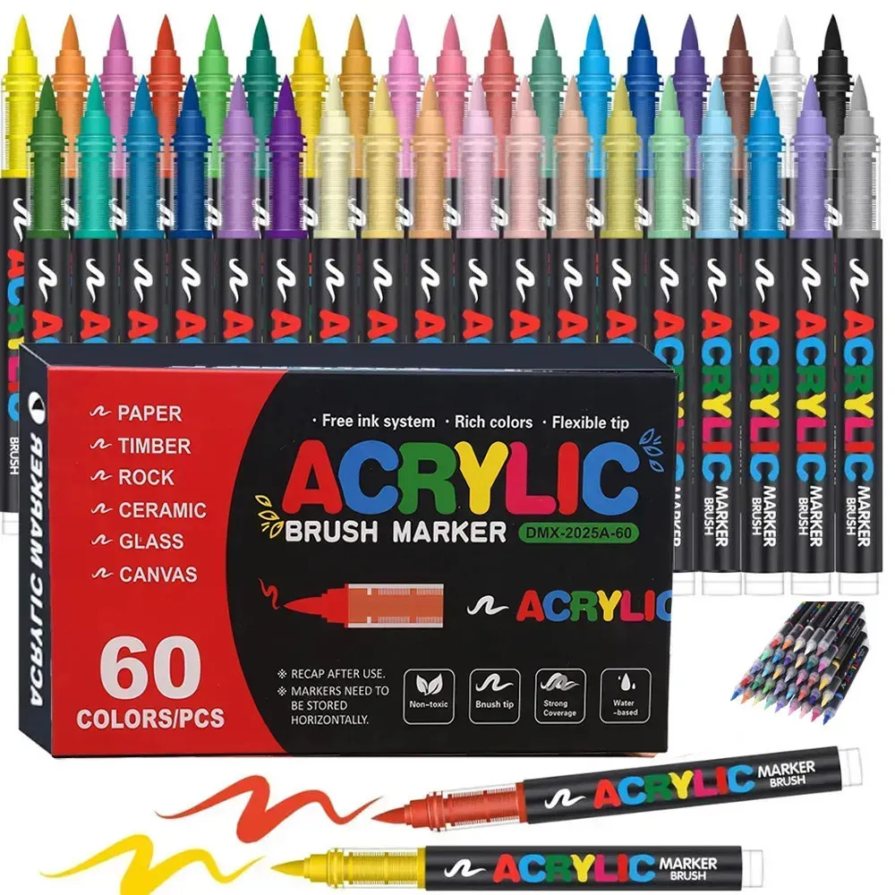 EPC Kit 60 Canetas Acrílicas Brush Marcador Permanente 60 Cores Para Desenho Pintura Lettering Artesanato