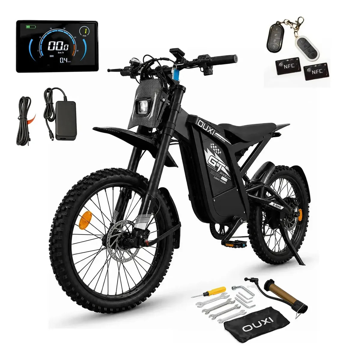 Bicicleta Elétrica OUXI GT2000 1000W 48V 30Ah Bateria Removível Lítio Aro 24 Off Road Adulto Freio Hidráulico Suspensão Autonomia 140km NFC Alarme Bike Elétrica Mobilidade Urbana Cinza Pneu Largo 24x3