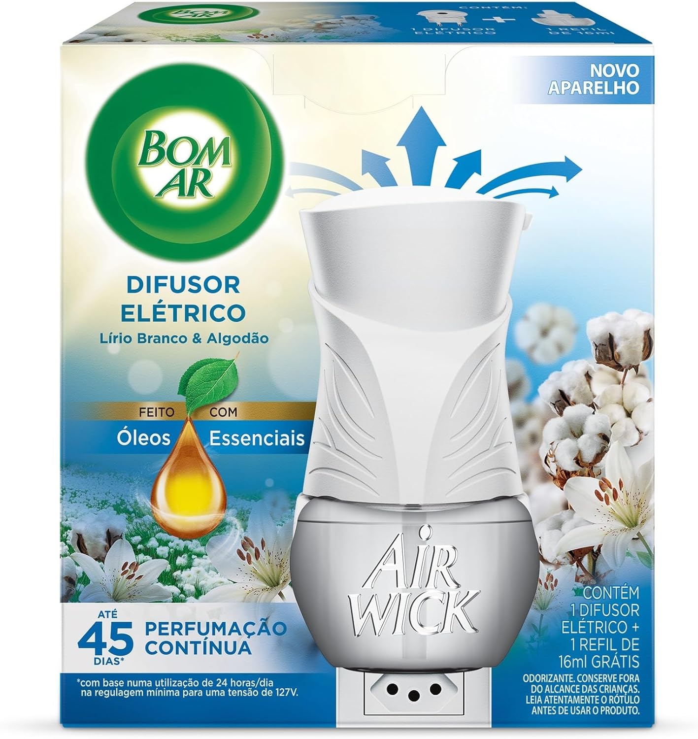 Difusor Elétrico Bom Ar Lirio Branco e Algodão Aparelho + Refil 16ml