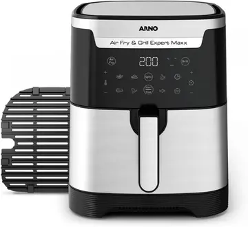 Fritadeira sem Óleo e Grill Arno Airfry & Grill Expert Maxx Digital 6,5L AFD6, 1680W, Inox e Preta, 8 Programas, Divisória e Função SYNC, 2 em 1 para Fritar e Grelhar, 110V