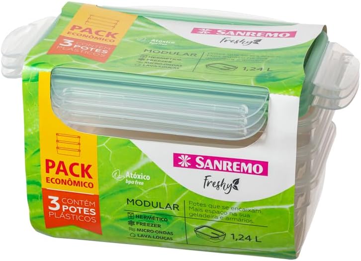 Sanremo - Conjunto de 3 Potes Plásticos Herméticos de 1,24 Litros, Linha Freshy