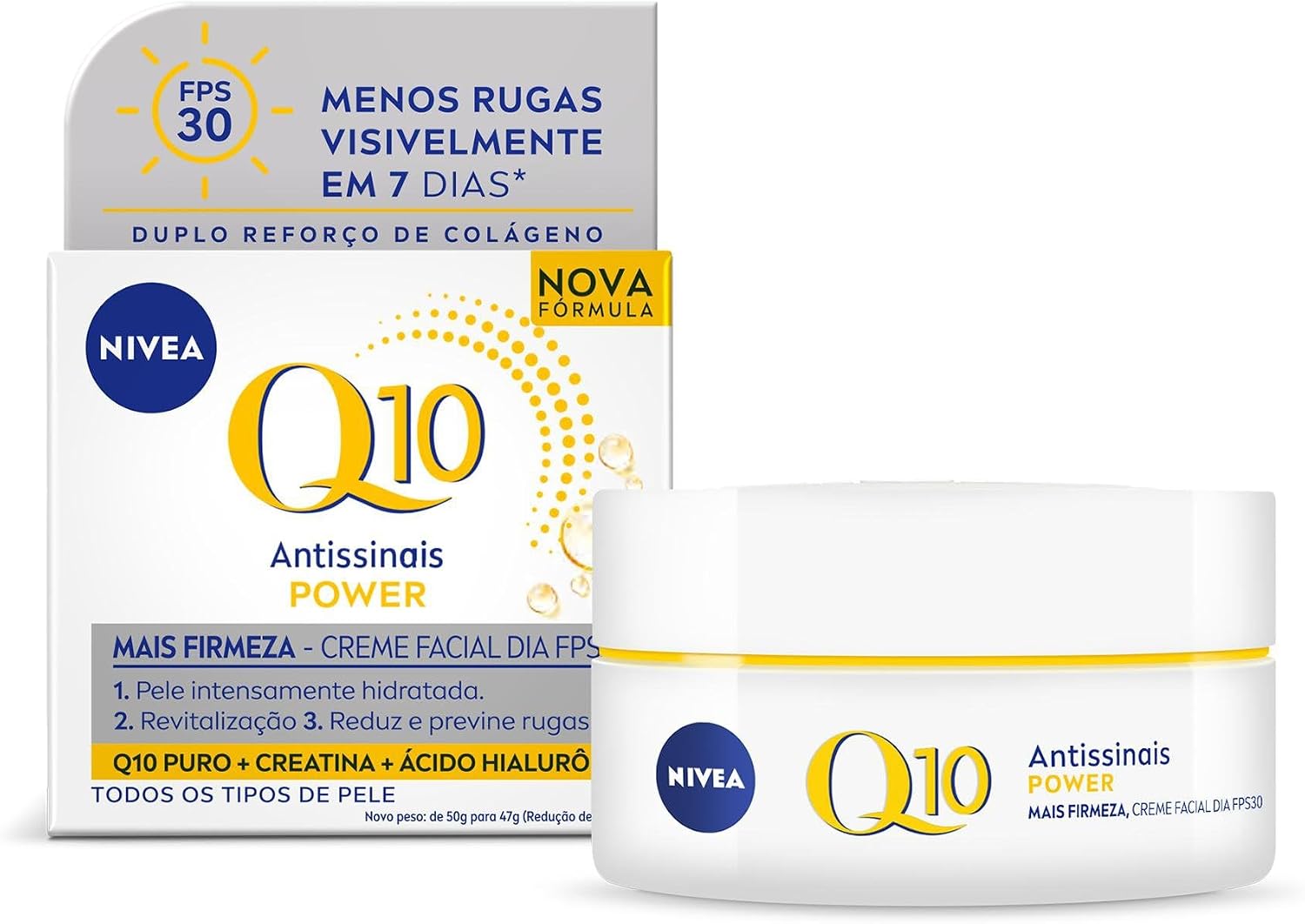 NIVEA Creme Facial Antissinais Q10 Power Dia FPS 30 47g, Reduz Rugas, Hidratação Intensa, Ácido Hialurônico, Cuidado Facial Diário
